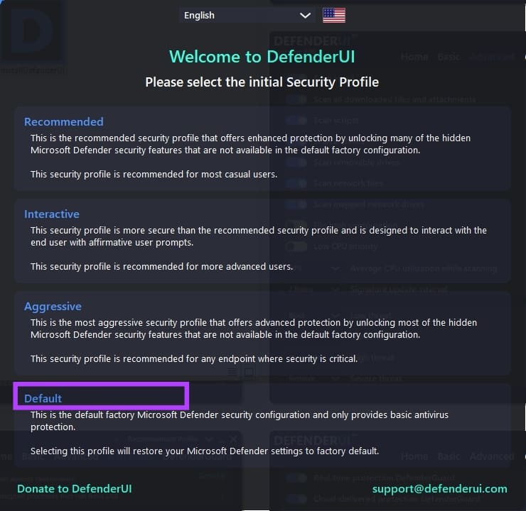Defender UI default option