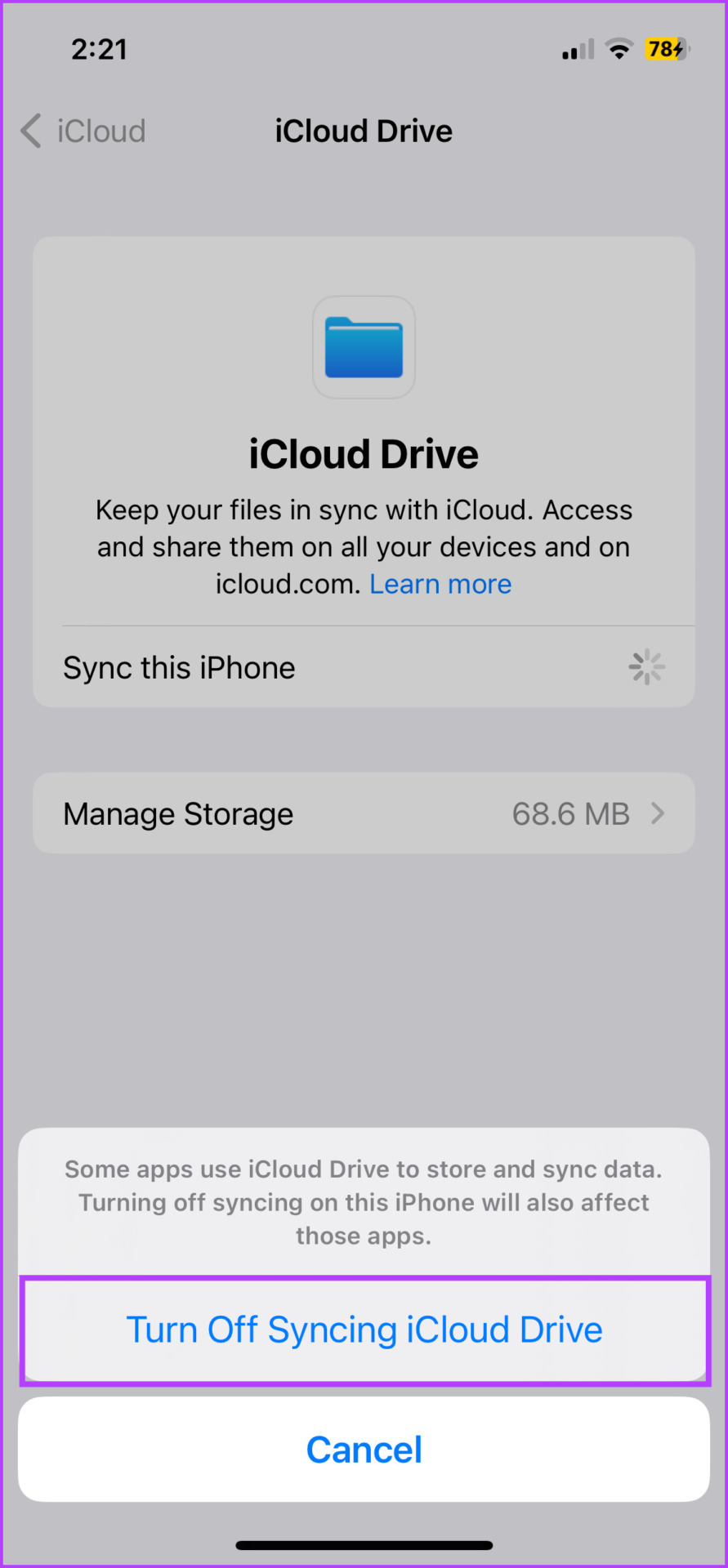 Tap Turn Off Syncing iCloud Drive to confirm the action