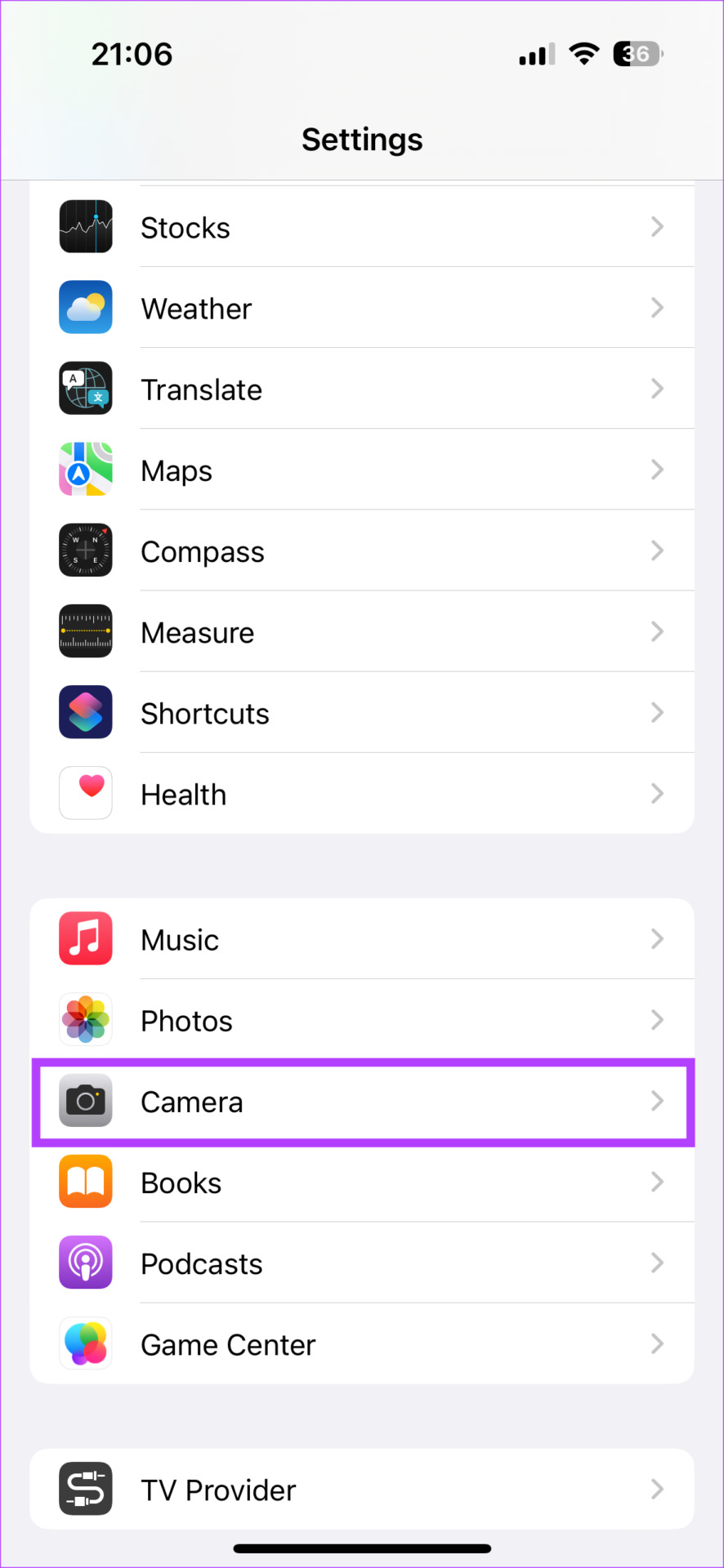 camera option in settings