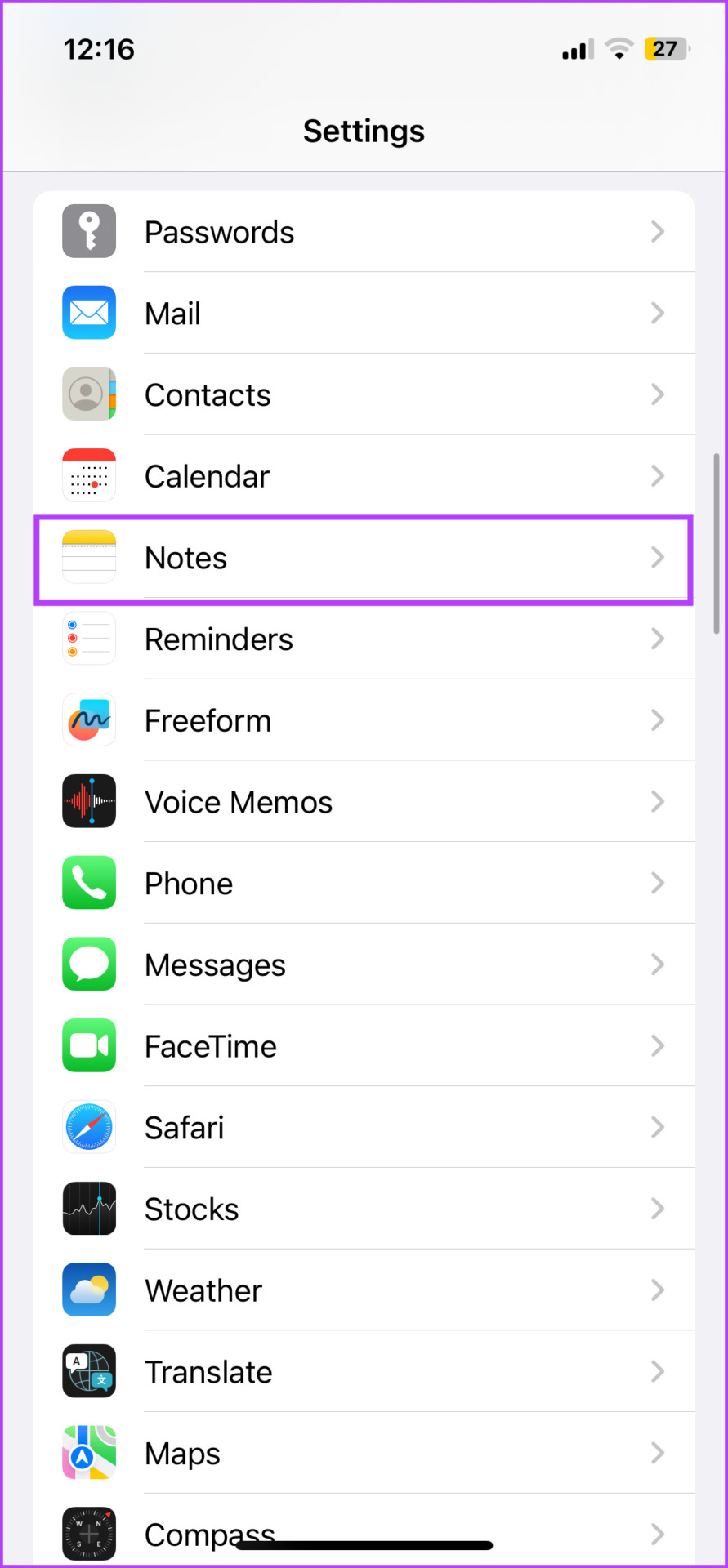 In Settings, select Notes