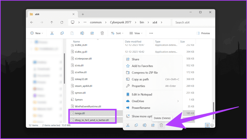 2.1 Simply navigate to the games installation folder as before. Now delete both dlssg_to_fsr3_amd_is_better.dll and nvngx.dll files