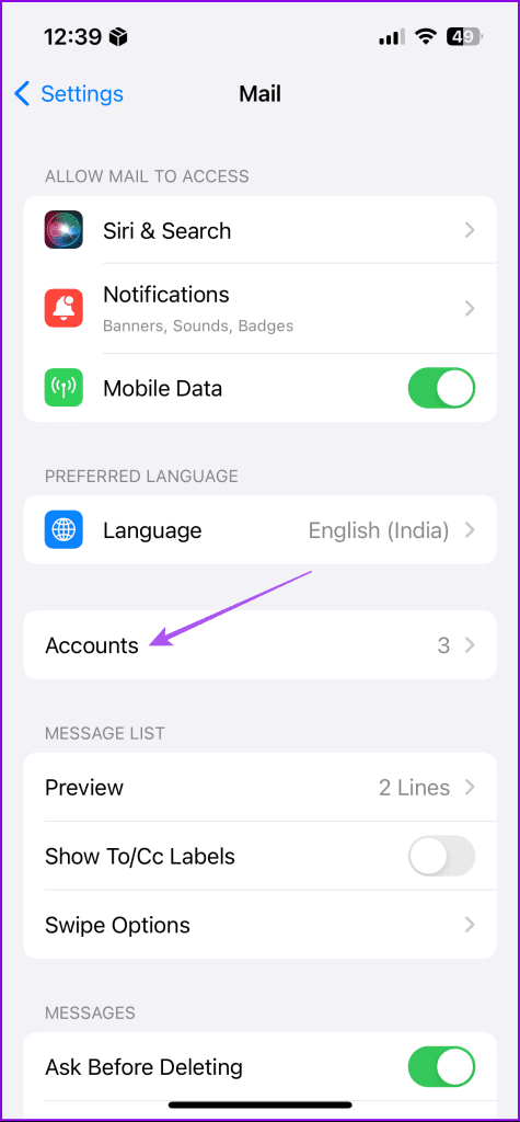 accounts mail app settings iphone