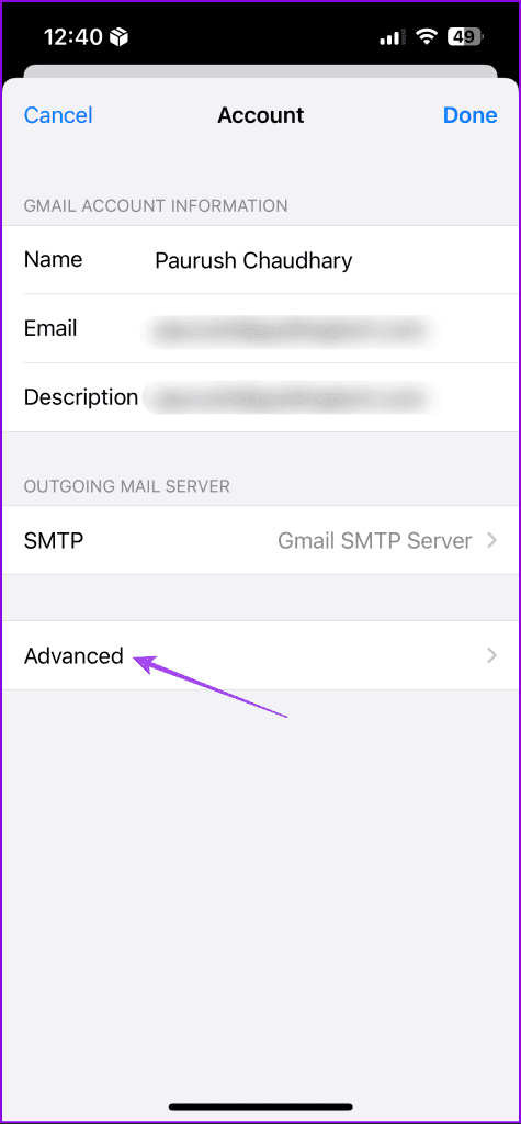 advanced account settings mail app iphone