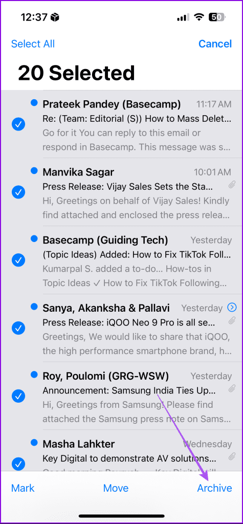 archive inbox mail app iphone