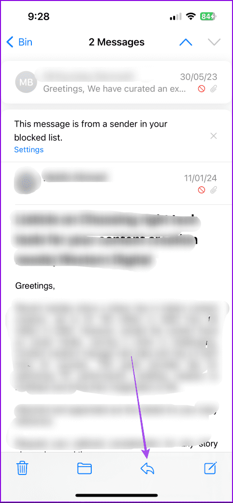 back icon deleted message mail app iphone