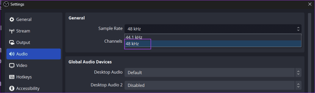 change Sample Rate in obs studio