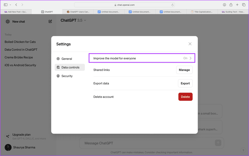 ChatGPT chat history without data sharing