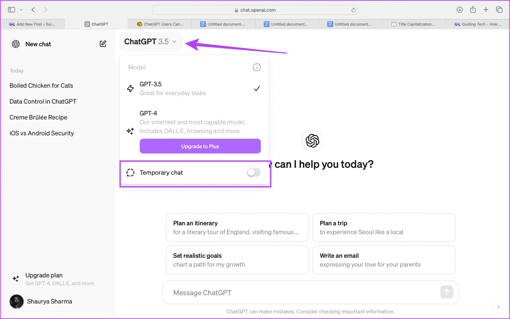 chatgpt temporary chats feature