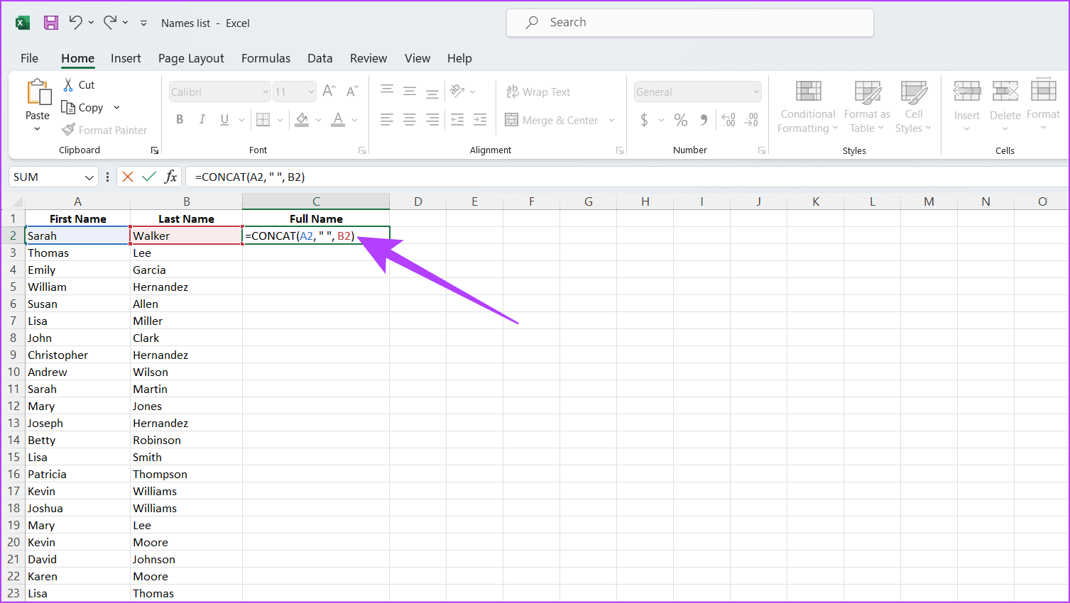 Choose the cell where you want the combined full name to appear and type the CONCAT formula