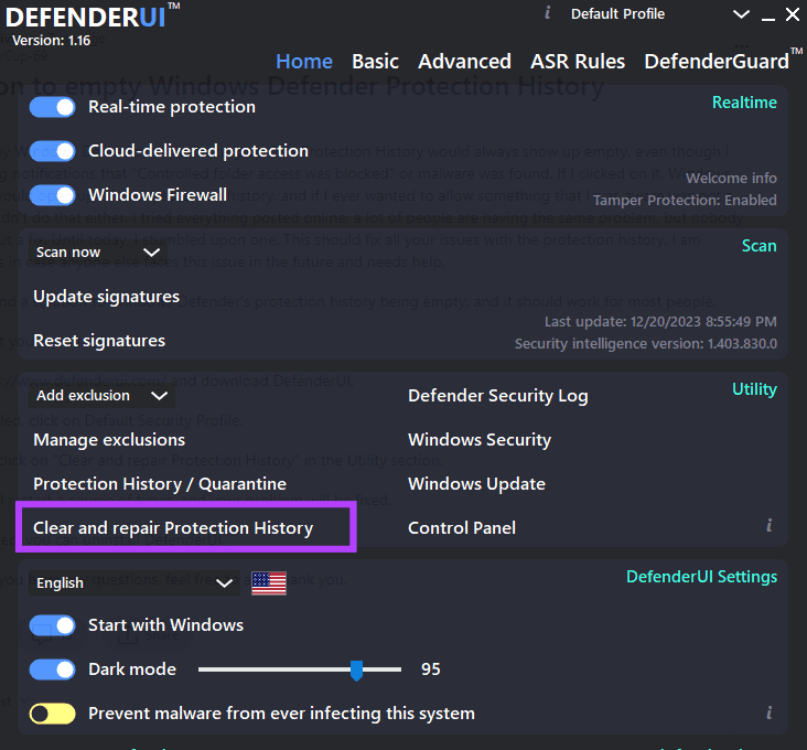 Clear and repair protection history with DefenderUI