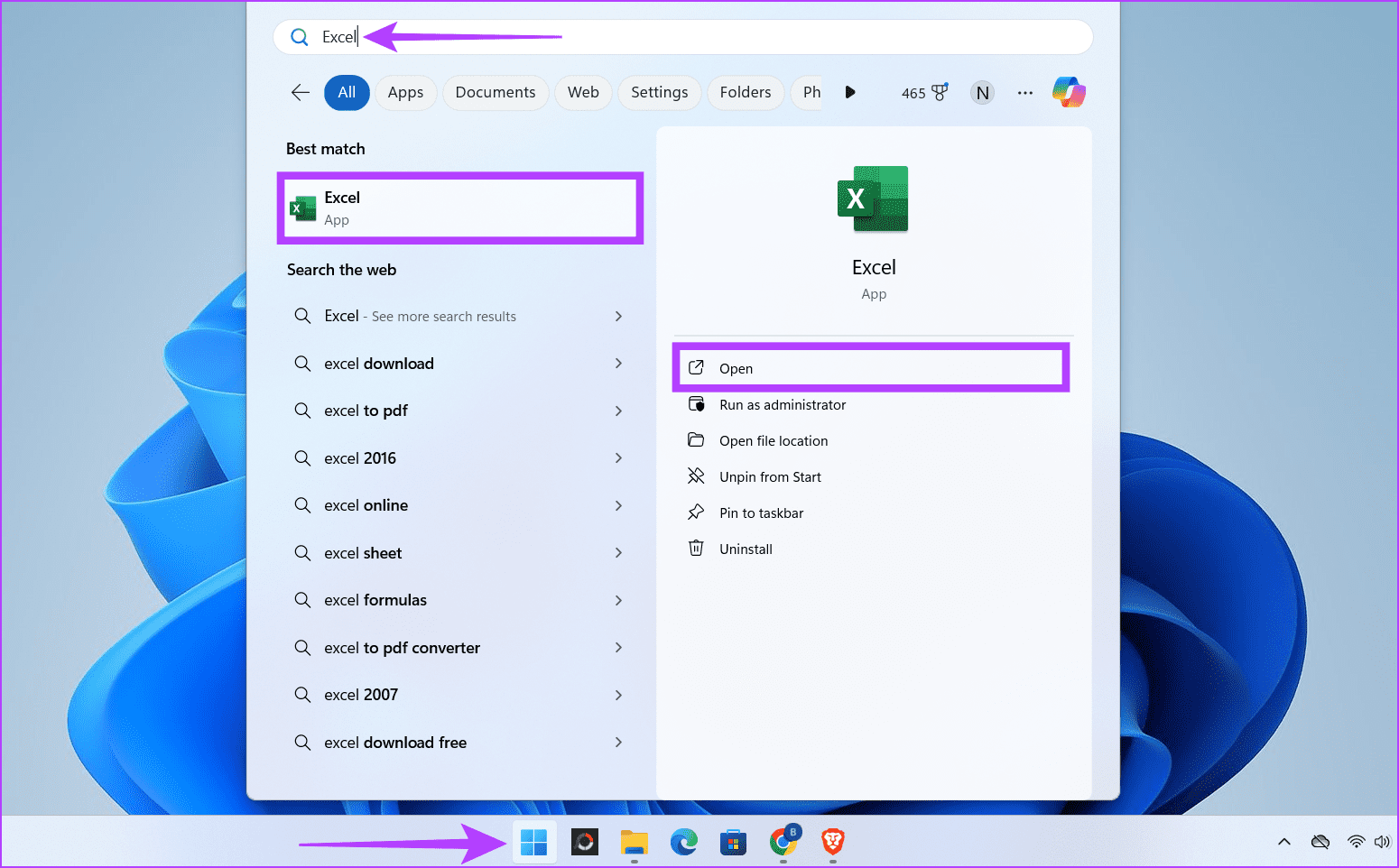 Click the Start button type Excel and hit Open