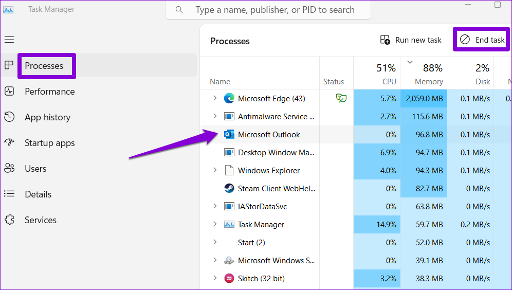 Close Outlook Using Task Manager