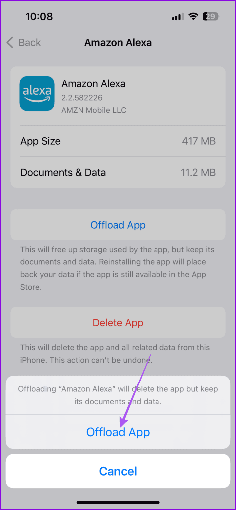 confirm offload app alexa iphone