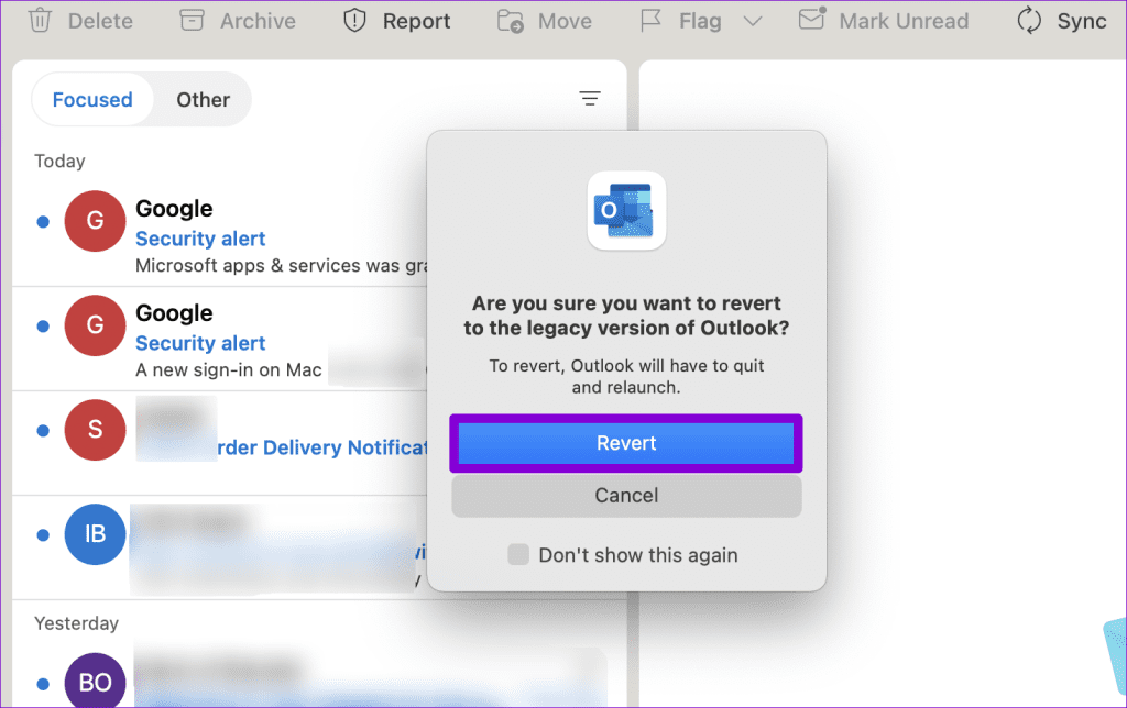 Confirm Revert to Legacy Outlook App on Mac