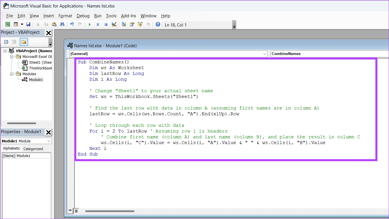 Copy and paste the VBA code to combine first and last name in Excel