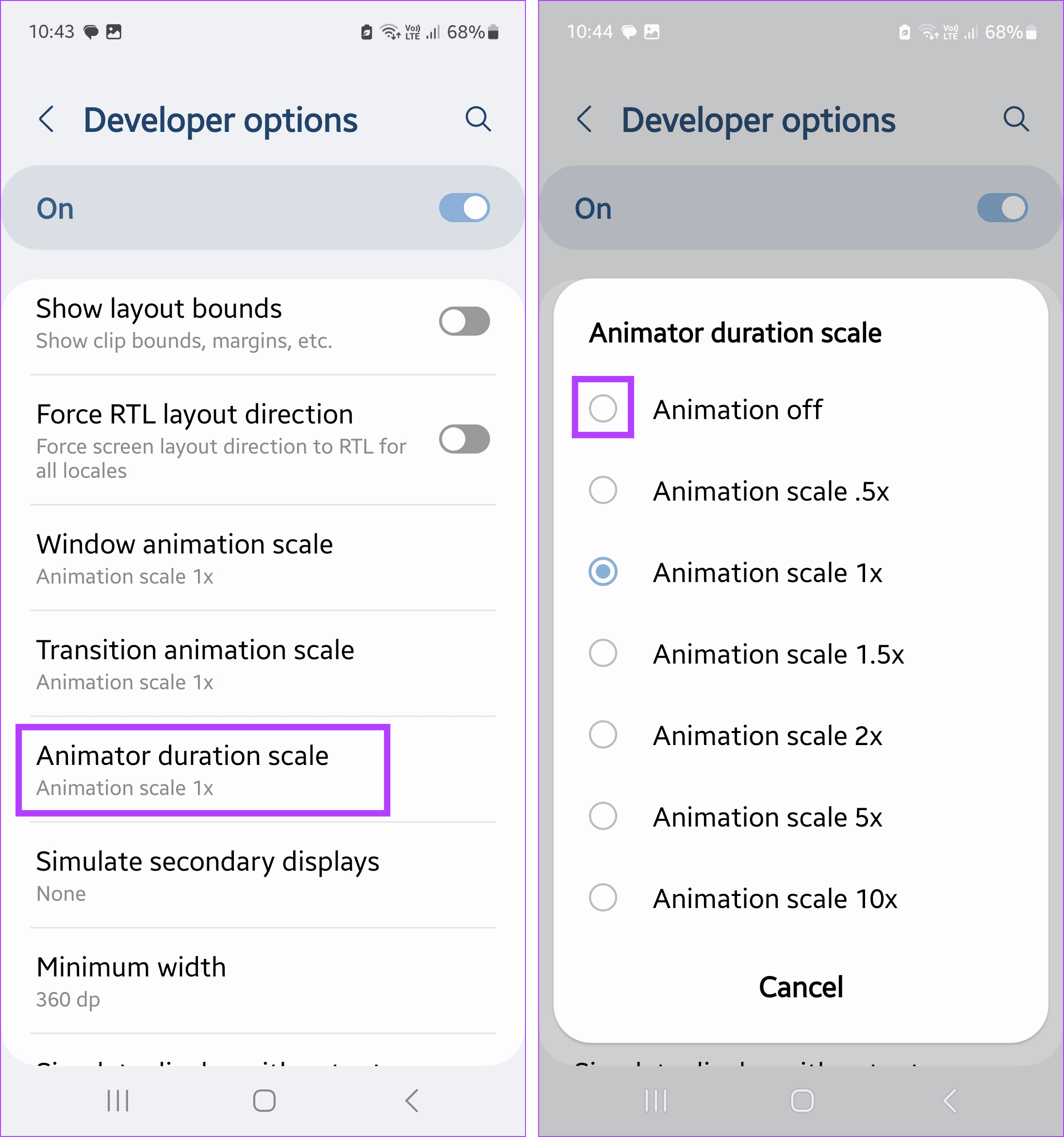 Disable animations Android