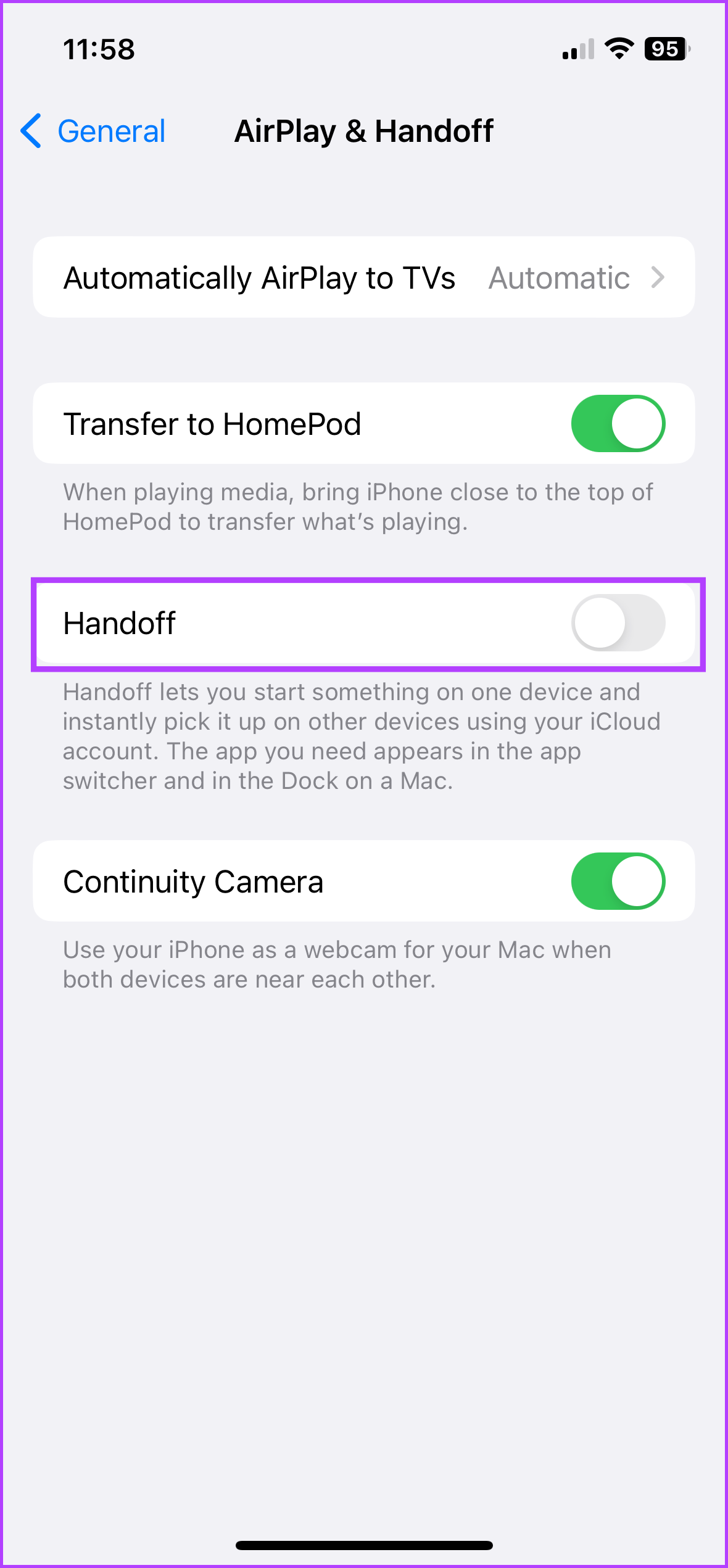 Toggle of Handoff on iPhone