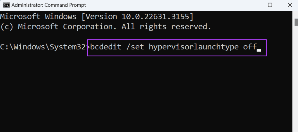 disable hyper v using bcdedit