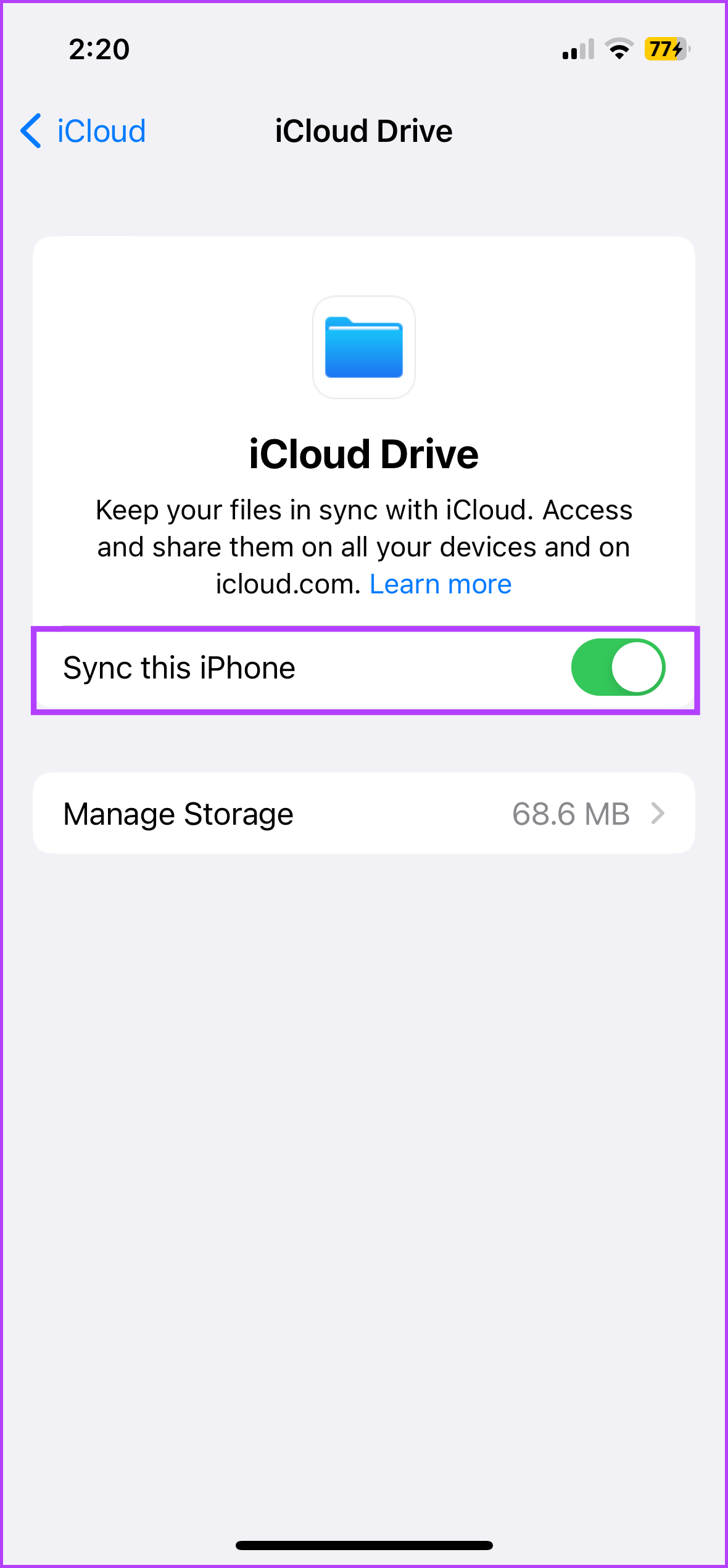 Toggle off iCloud sync on iPhone