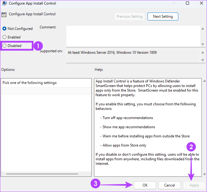 Disabling configure app control