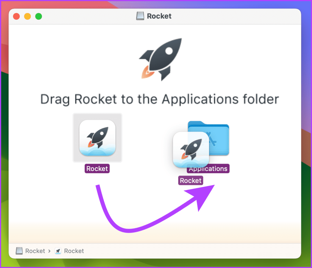 Drag and drop Rocket into Applications folder