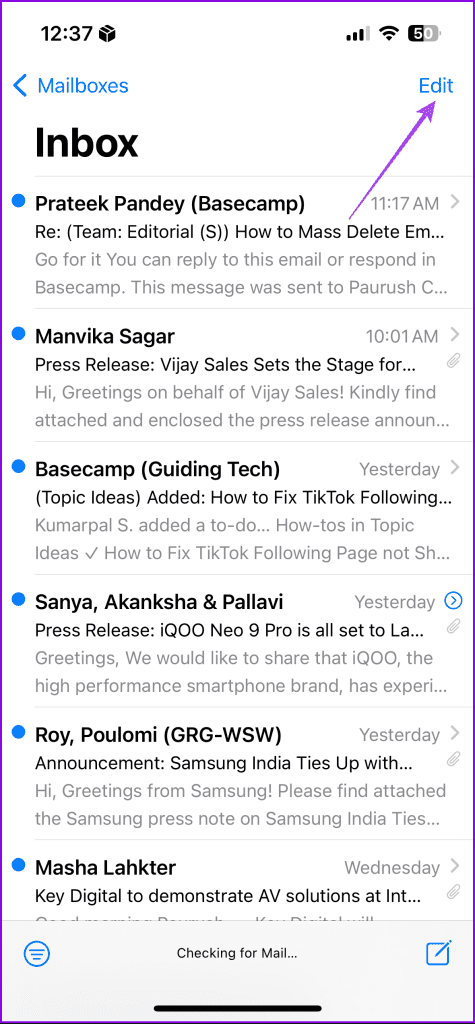 edit inbox mail app iphone