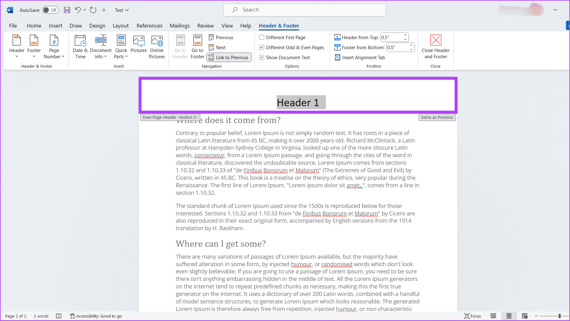 Edit the header and footer for odd and even pages