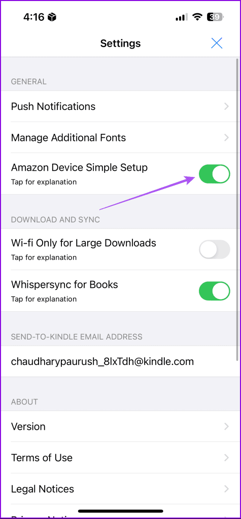 enable amazon device simple setup kindle app