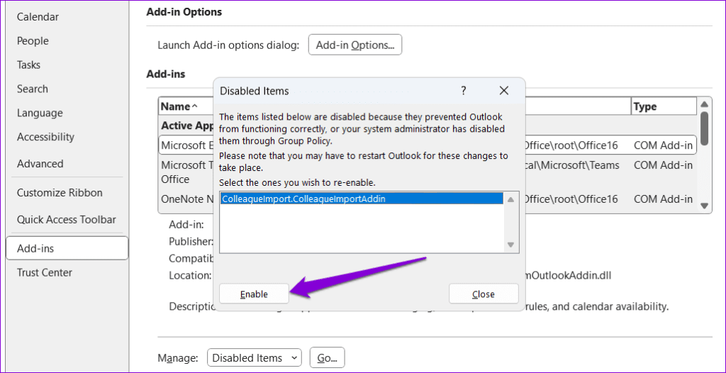 Enable Outlook Add In