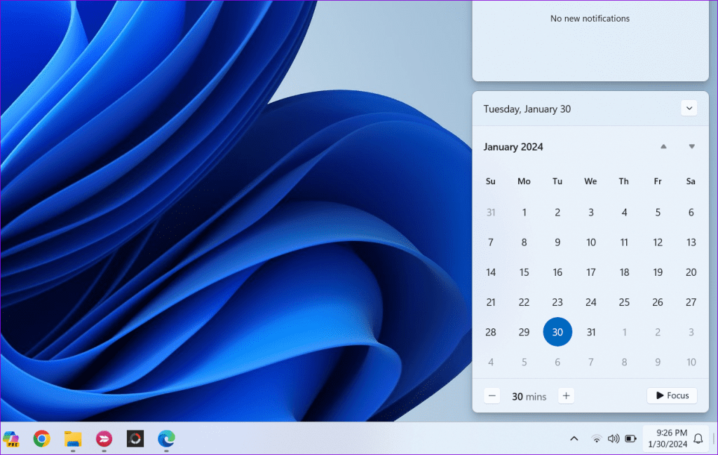 Expanded Taskbar Calendar on Windows 11