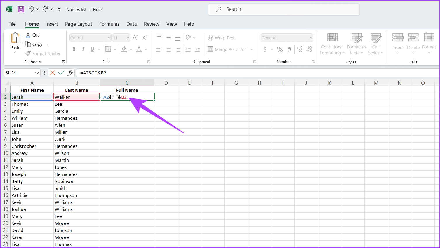 Head to the cell where you want the full name and enter the ampersand formula