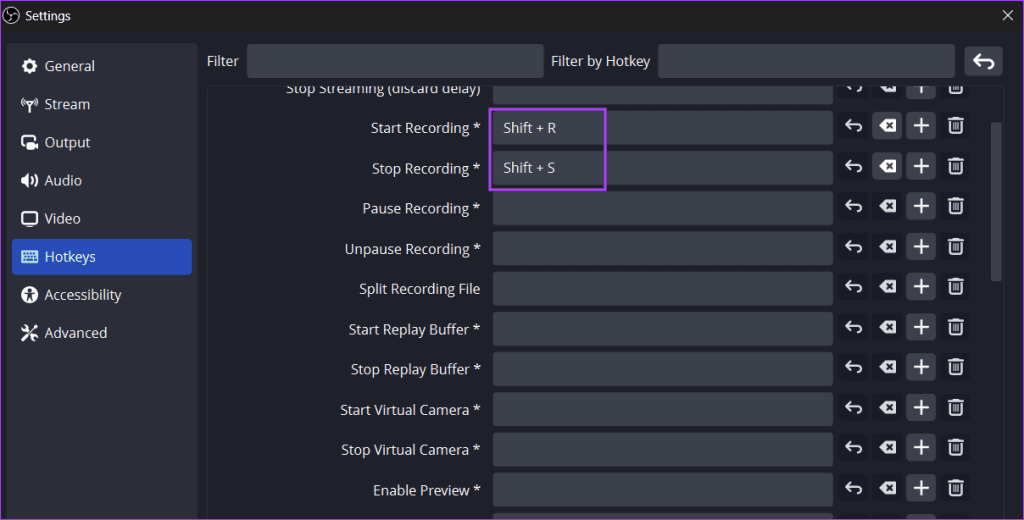 map custom hotekys in obs