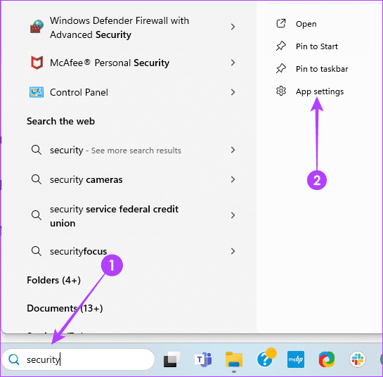 Open app settings for Windows Security