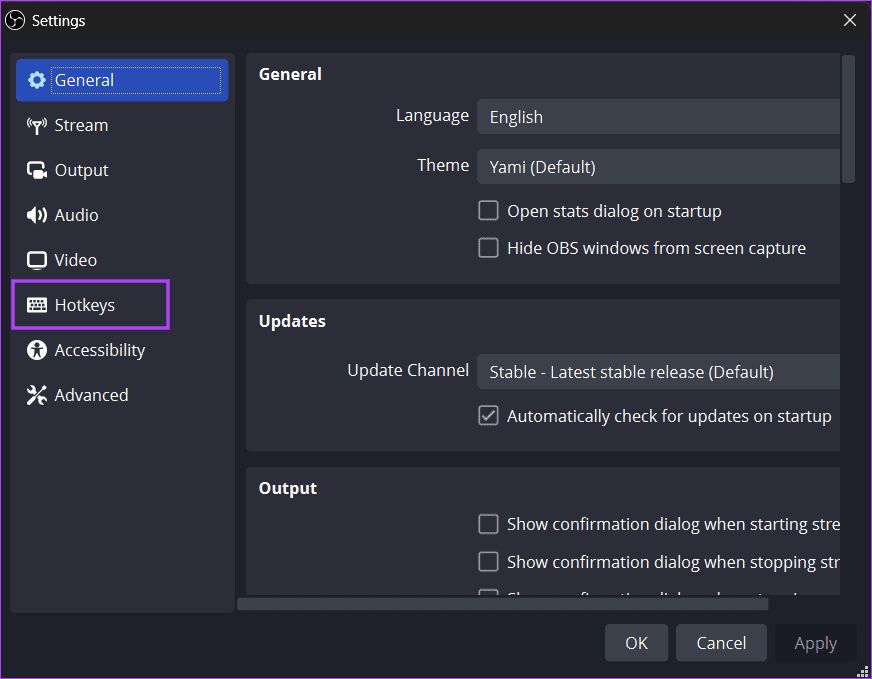 open hotkey settings obs