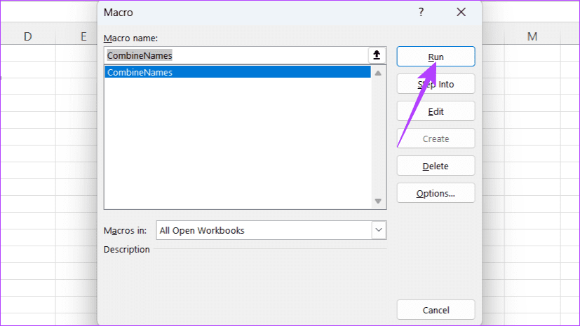 Press Alt F8 select CombineNames and click Run