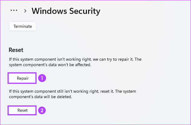 Repair and reset Windows Security