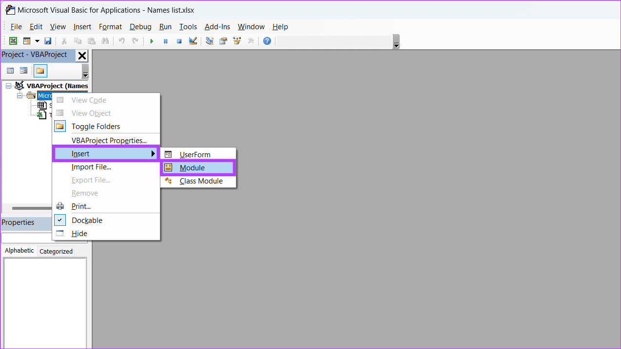 Right click on any item in the Project Explorer window choose Insert and then select Module