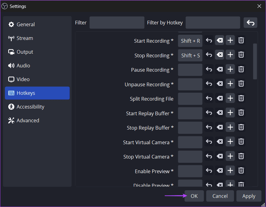 save new hotkey settings obs