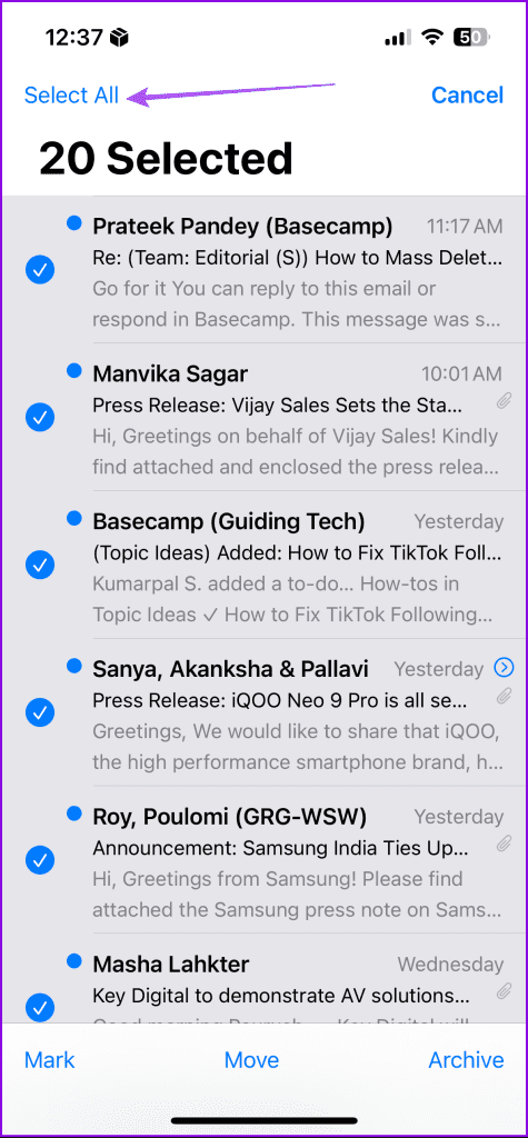 select all emails apple mail iphone