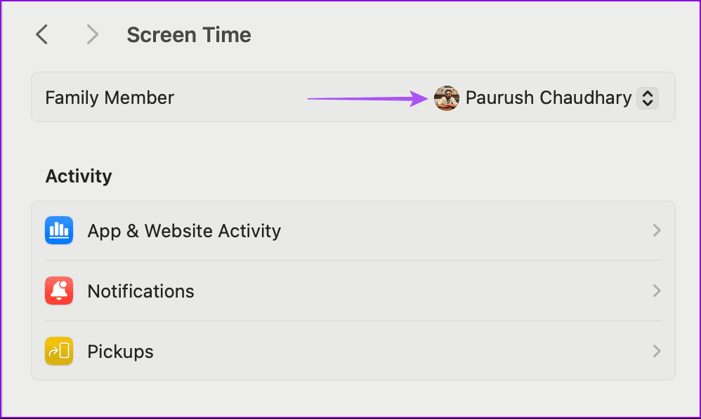 select child account in screen time mac