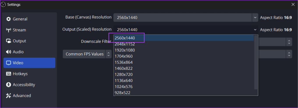 set output resolution in obs