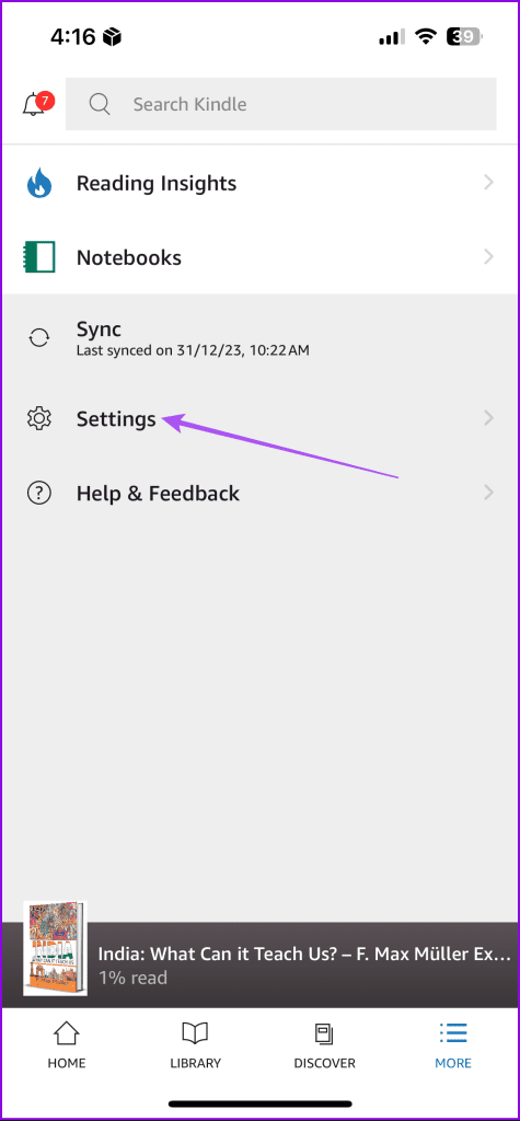 settings kindle app