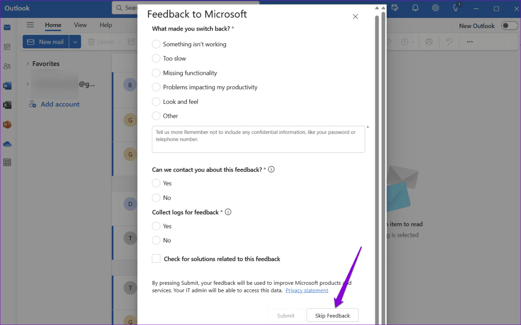 Skip Feedback on Outlook 1