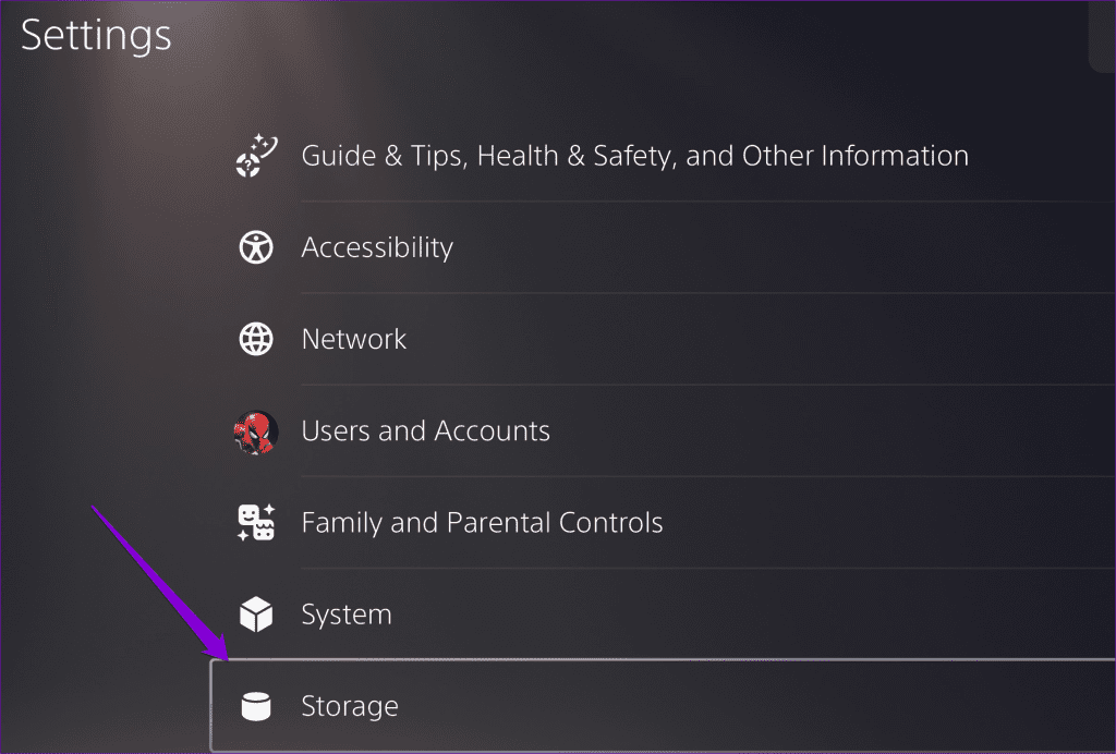 Storage Menu on PS5