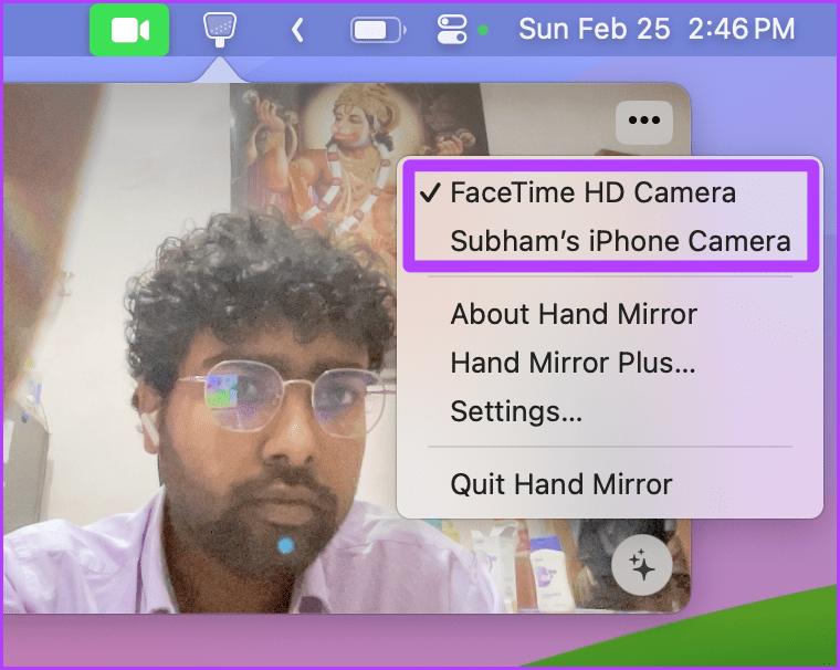 Switch Camera Input in Hand Mirror app