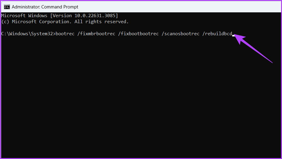 Type the rebuild BCD command and press Enter
