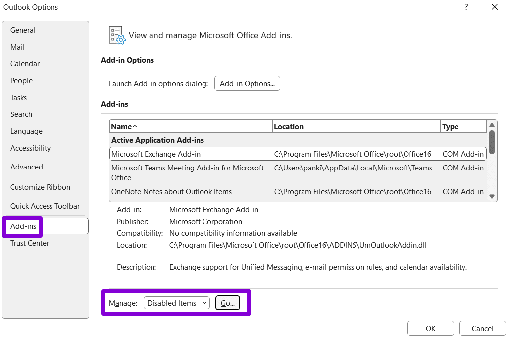 View Disabled Outlook Add ins